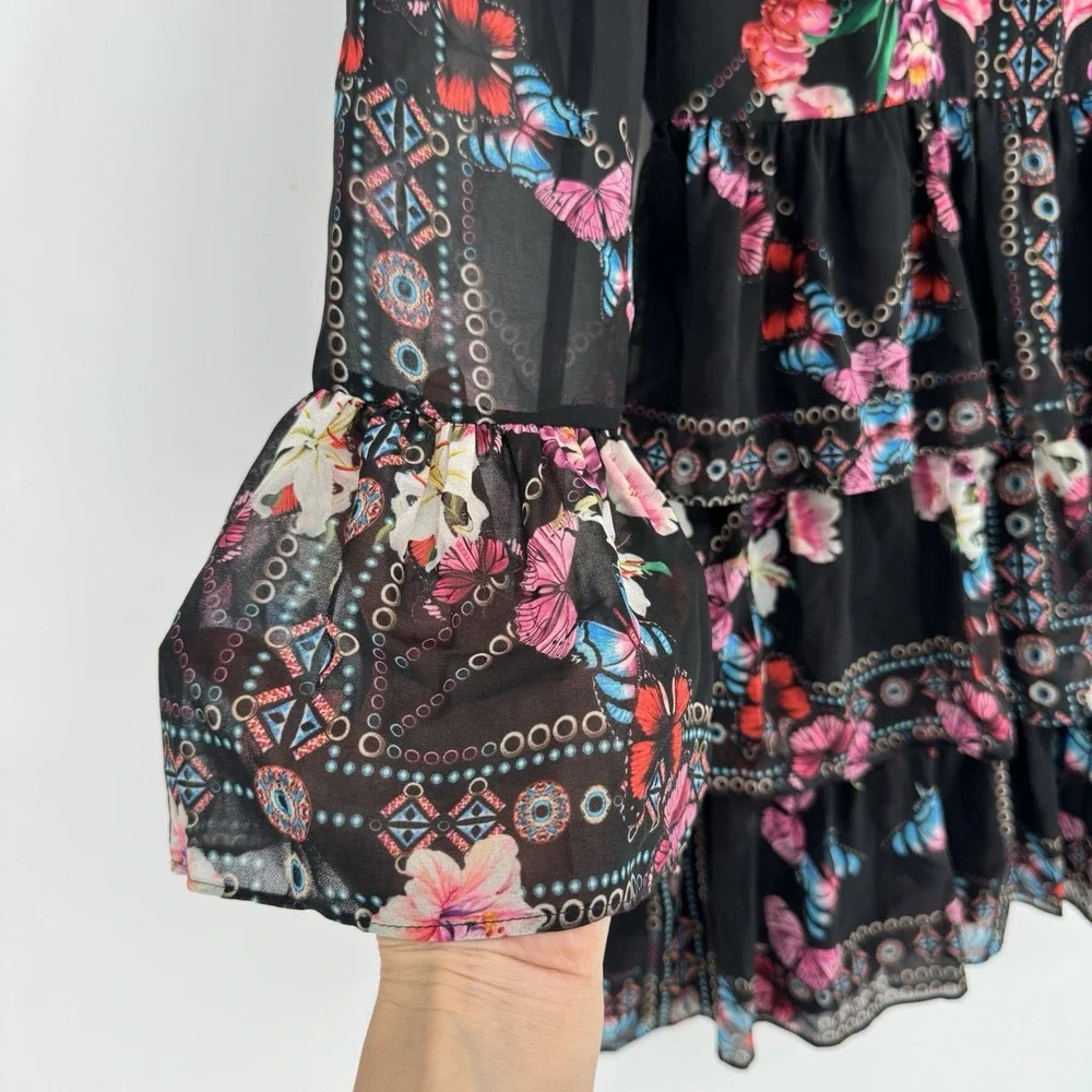 Bebe Bell Sleeve Dress Women's Small Black Pink Floral Chiffon Clara‎ Ruffle